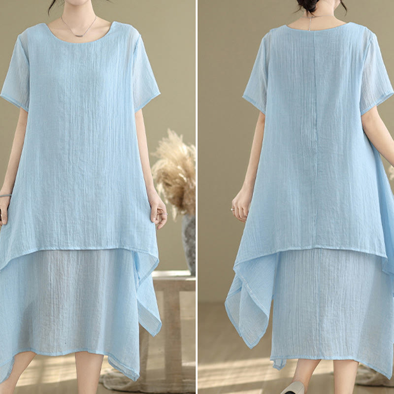 Summer Casual Plain Design Crew Neck Short Sleeve Cotton Linen Blended Double Layer Midi Dress