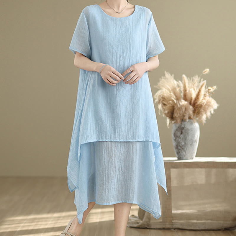 Summer Casual Plain Design Crew Neck Short Sleeve Cotton Linen Blended Double Layer Midi Dress