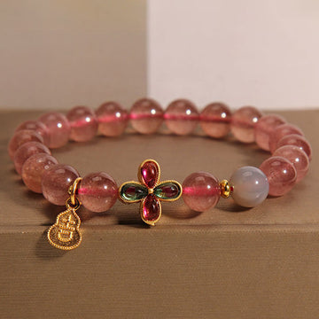 Strawberry Quartz Beaded Bracelet with Four-Leaf Clover and Wu Lou Gourd Charms