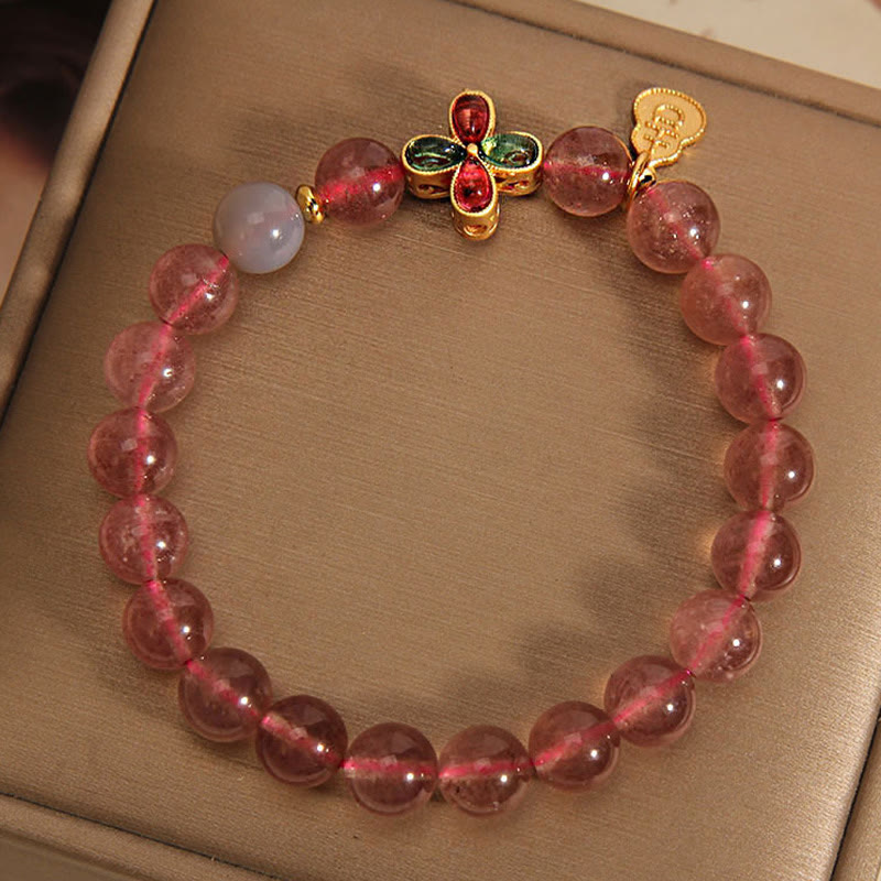 Strawberry Quartz Beaded Bracelet with Four-Leaf Clover and Wu Lou Gourd Charms