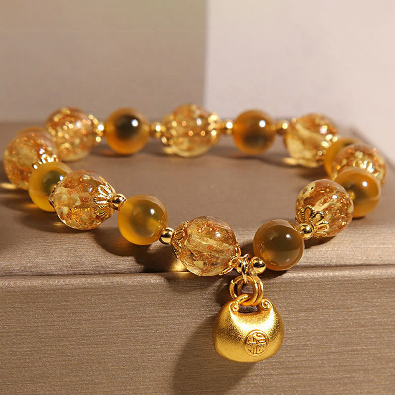 Yellow Candy Agate Fu Character Blessing Bag Healing Bracelet
