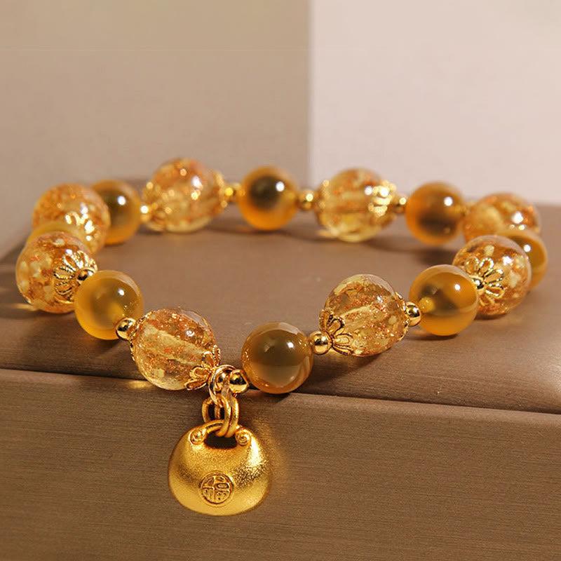 Yellow Candy Agate Fu Character Blessing Bag Healing Bracelet