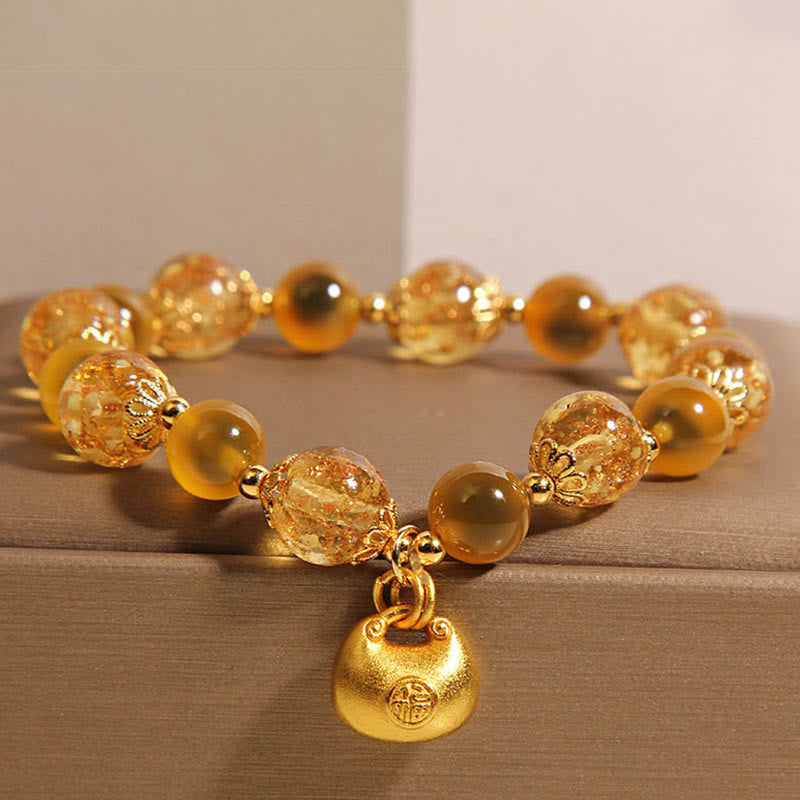 Yellow Candy Agate Fu Character Blessing Bag Healing Bracelet