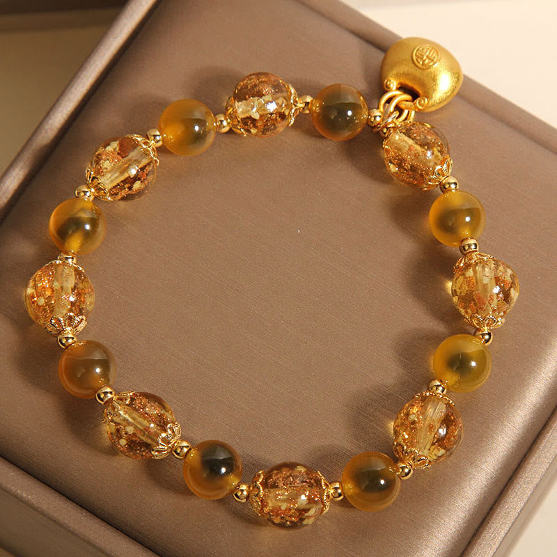 Yellow Candy Agate Fu Character Blessing Bag Healing Bracelet