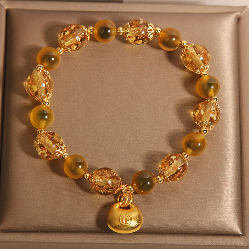Yellow Candy Agate Fu Character Blessing Bag Healing Bracelet