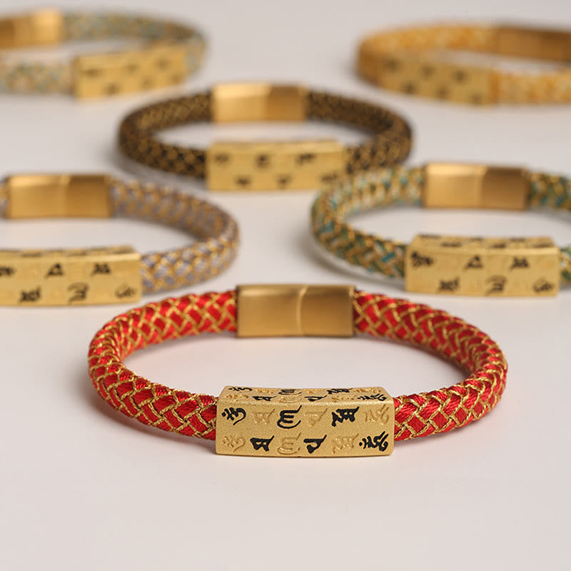 Tibetan Om Mani Padme Hum Gold Thread Endless Knot Red String Cord Bracelet