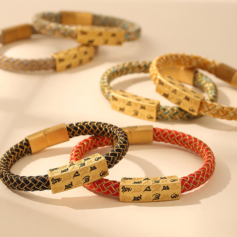 Tibetan Om Mani Padme Hum Gold Thread Endless Knot Red String Cord Bracelet