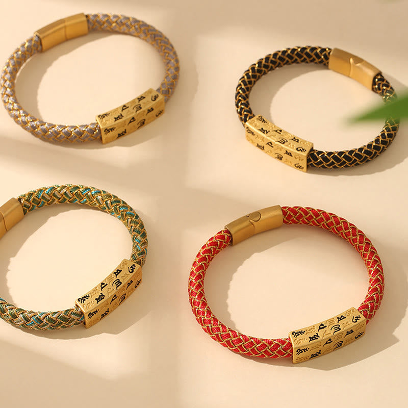 Tibetan Om Mani Padme Hum Gold Thread Endless Knot Red String Cord Bracelet