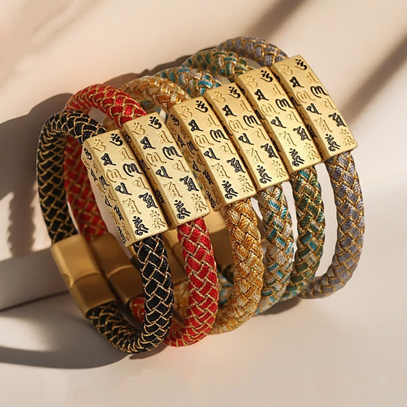 Tibetan Om Mani Padme Hum Gold Thread Endless Knot Red String Cord Bracelet