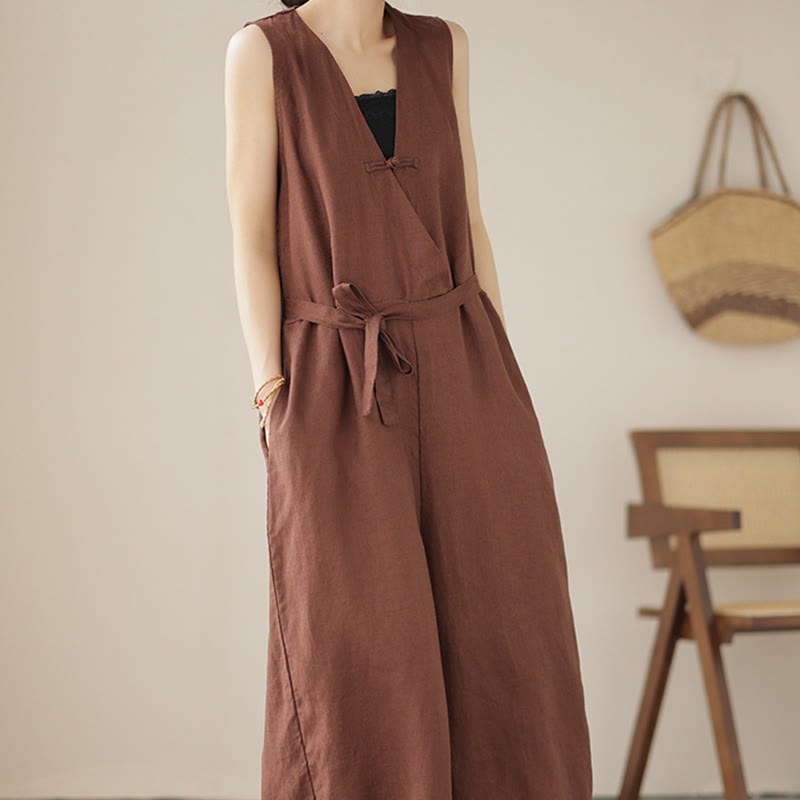 Breathable Cotton Linen Sleeveless Wide-Leg Meditation Jumpsuit
