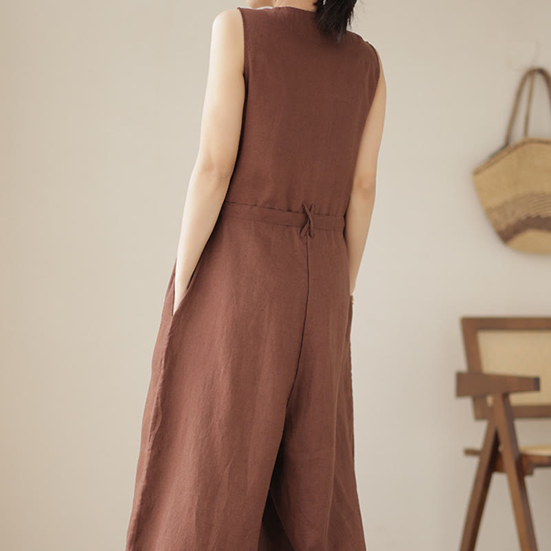 Breathable Cotton Linen Sleeveless Wide-Leg Meditation Jumpsuit