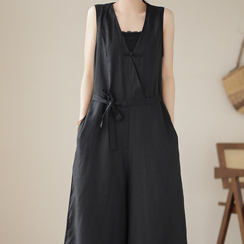 Breathable Cotton Linen Sleeveless Wide-Leg Meditation Jumpsuit