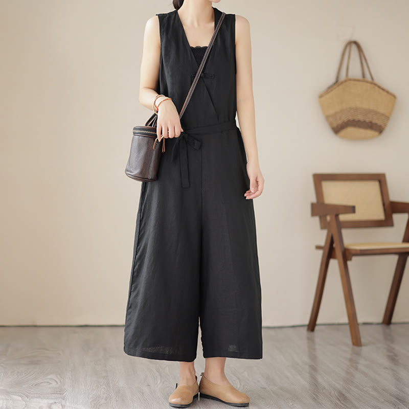 Breathable Cotton Linen Sleeveless Wide-Leg Meditation Jumpsuit