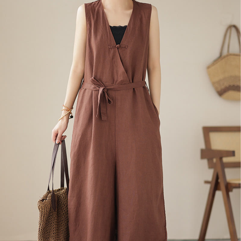 Breathable Cotton Linen Sleeveless Wide-Leg Meditation Jumpsuit