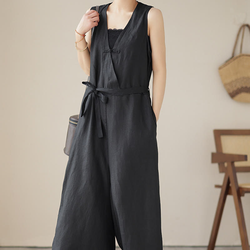 Breathable Cotton Linen Sleeveless Wide-Leg Meditation Jumpsuit
