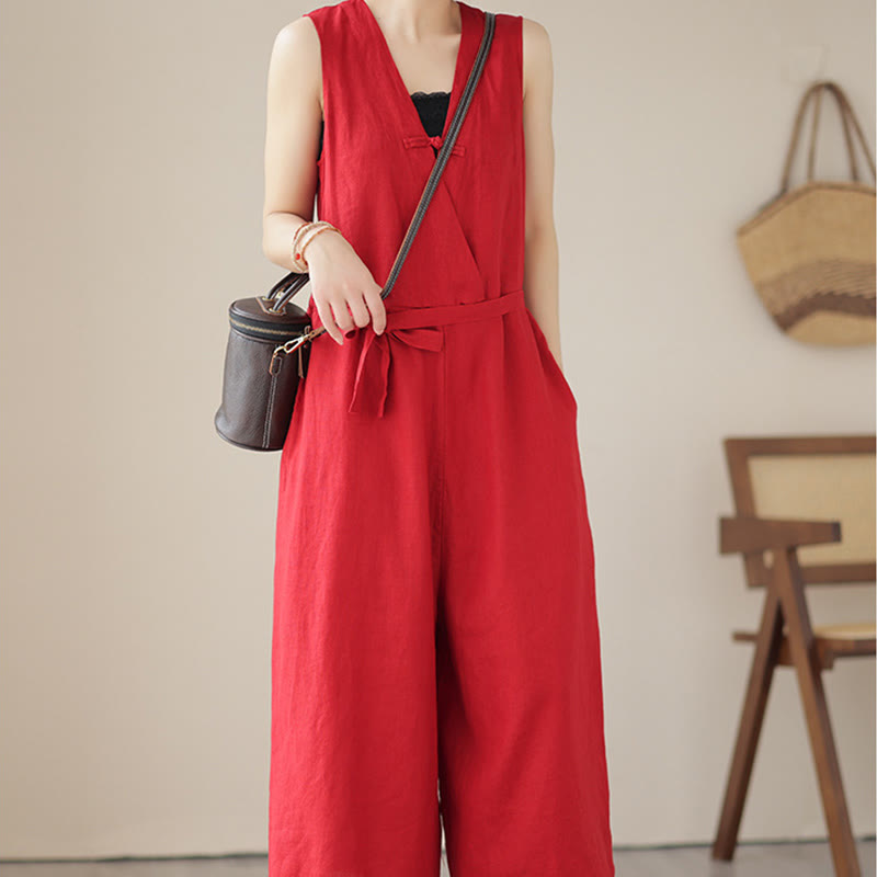 Breathable Cotton Linen Sleeveless Wide-Leg Meditation Jumpsuit