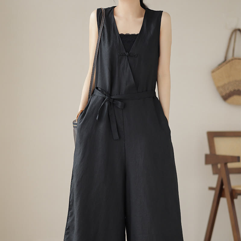 Breathable Cotton Linen Sleeveless Wide-Leg Meditation Jumpsuit
