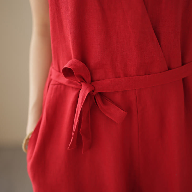 Breathable Cotton Linen Sleeveless Wide-Leg Meditation Jumpsuit