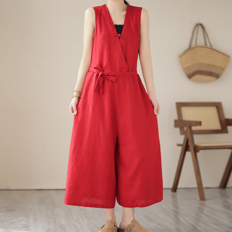 Breathable Cotton Linen Sleeveless Wide-Leg Meditation Jumpsuit