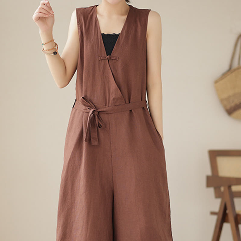 Breathable Cotton Linen Sleeveless Wide-Leg Meditation Jumpsuit