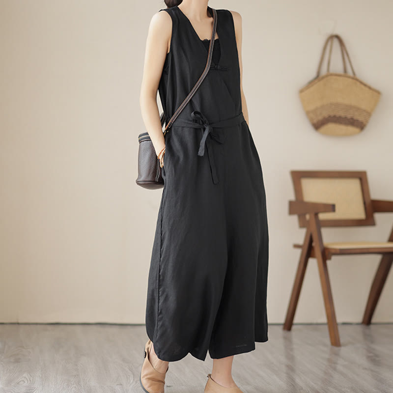 Breathable Cotton Linen Sleeveless Wide-Leg Meditation Jumpsuit