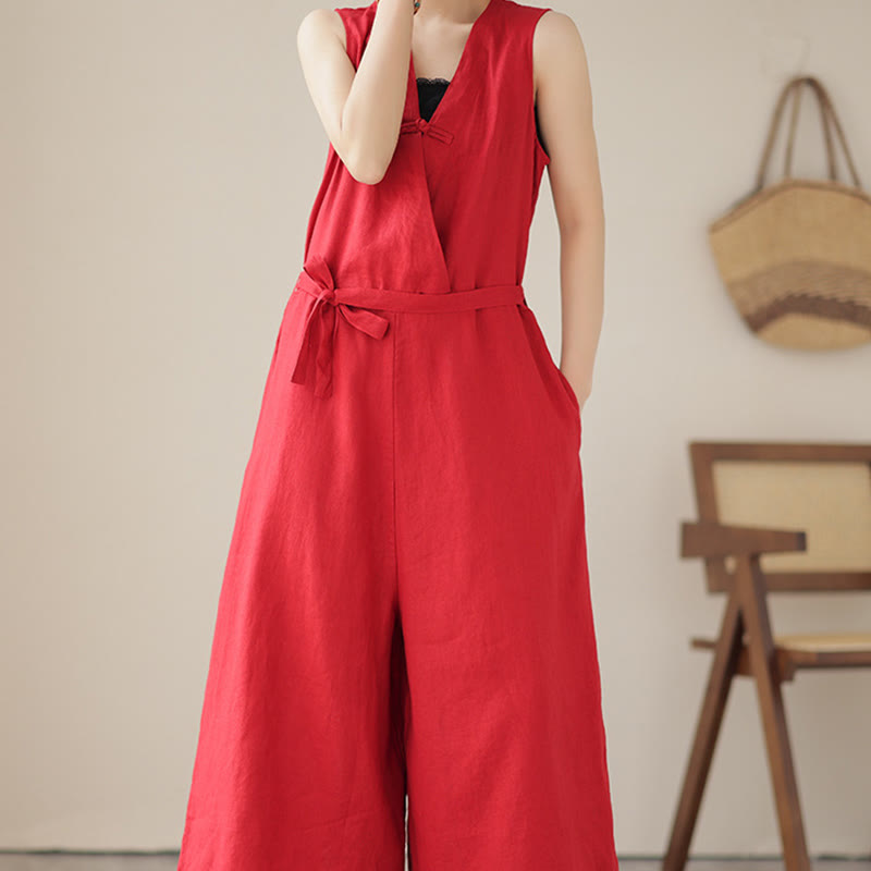 Breathable Cotton Linen Sleeveless Wide-Leg Meditation Jumpsuit