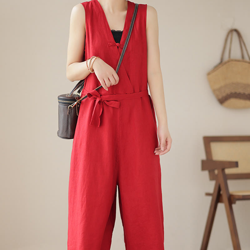 Breathable Cotton Linen Sleeveless Wide-Leg Meditation Jumpsuit