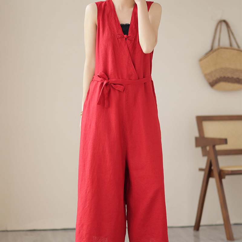 Breathable Cotton Linen Sleeveless Wide-Leg Meditation Jumpsuit