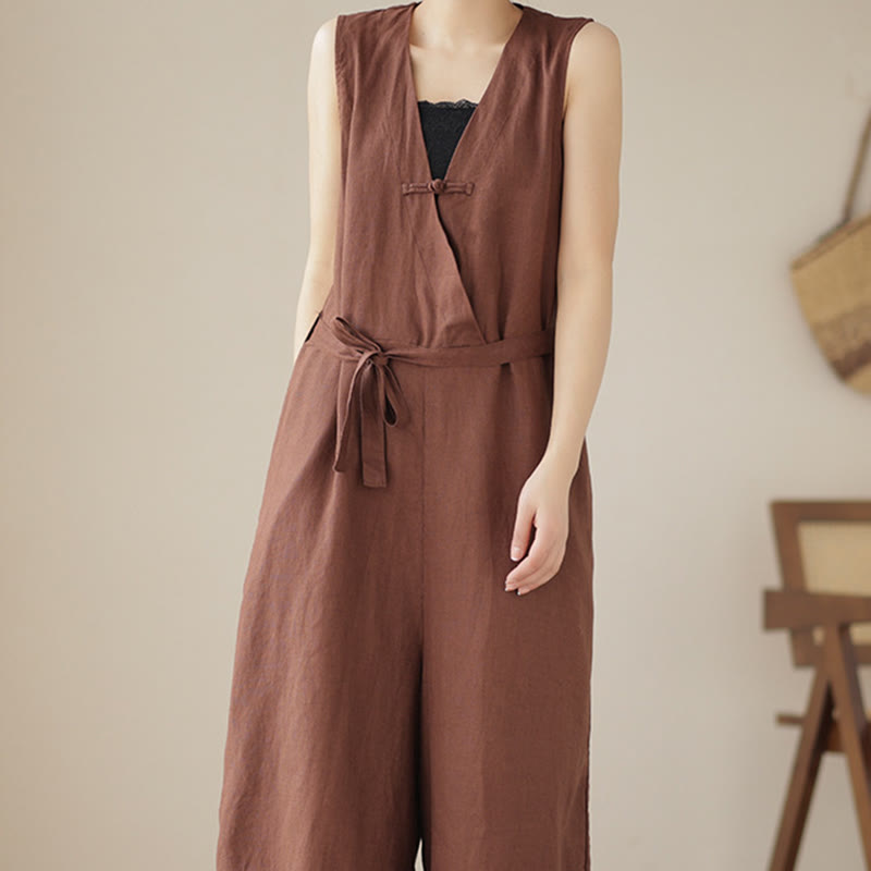 Breathable Cotton Linen Sleeveless Wide-Leg Meditation Jumpsuit