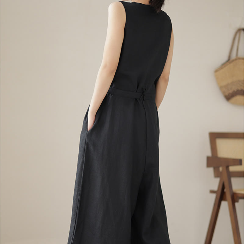 Breathable Cotton Linen Sleeveless Wide-Leg Meditation Jumpsuit
