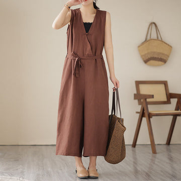 Breathable Cotton Linen Sleeveless Wide-Leg Meditation Jumpsuit