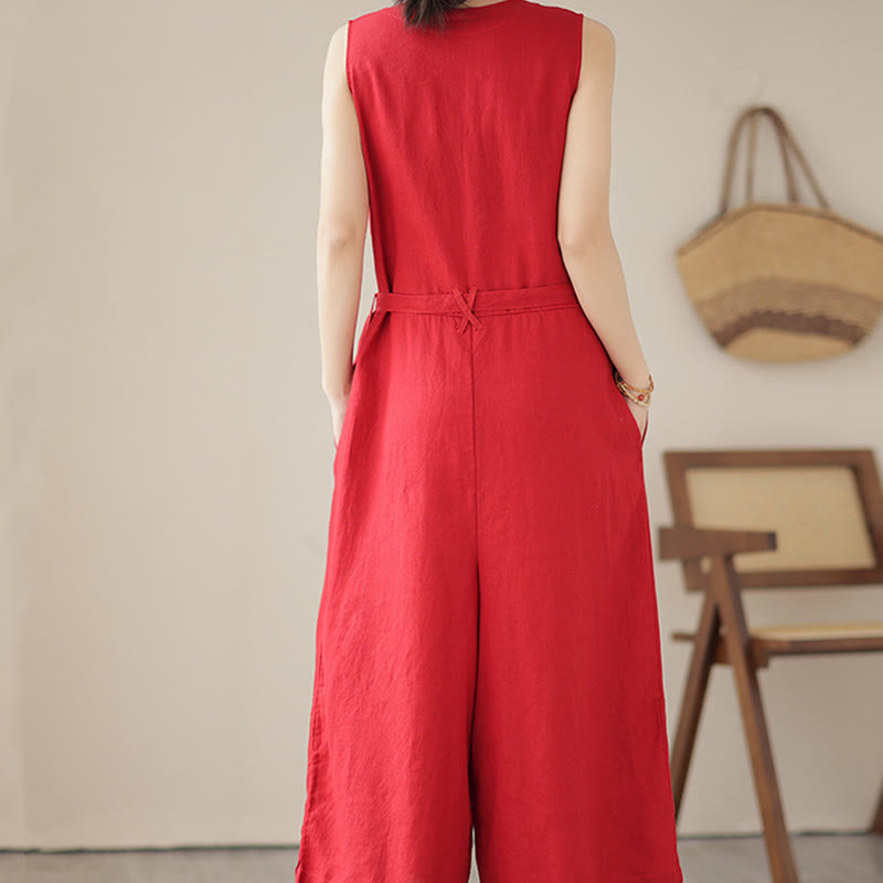 Breathable Cotton Linen Sleeveless Wide-Leg Meditation Jumpsuit