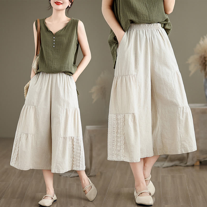 Casual Plain Lace Splicing Cotton Linen Women's Cropped Wide Leg Pants With Pockets