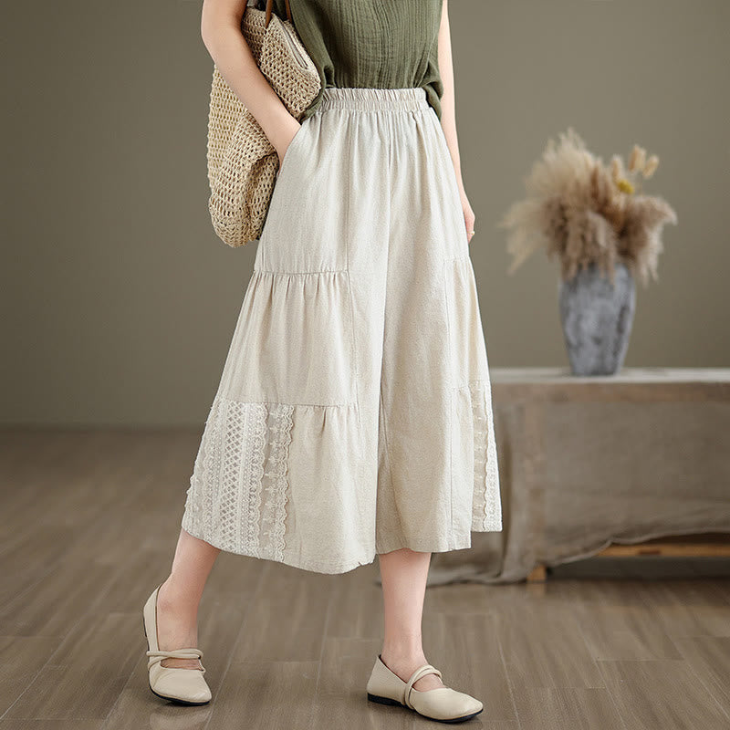 Casual Plain Lace Splicing Cotton Linen Women's Cropped Wide Leg Pants With Pockets