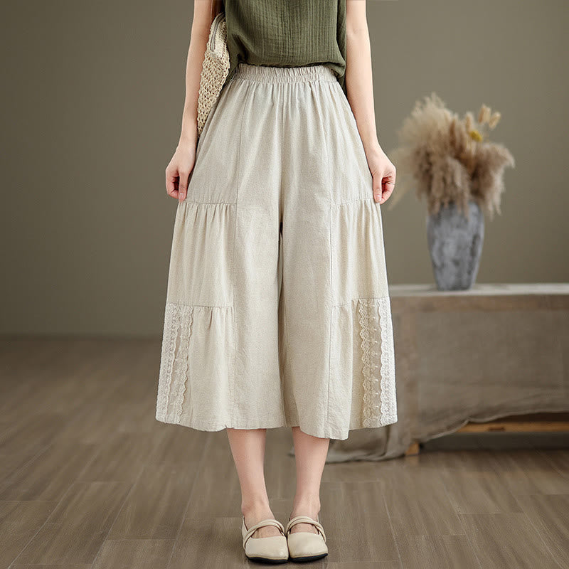 Casual Plain Lace Splicing Cotton Linen Women's Cropped Wide Leg Pants With Pockets