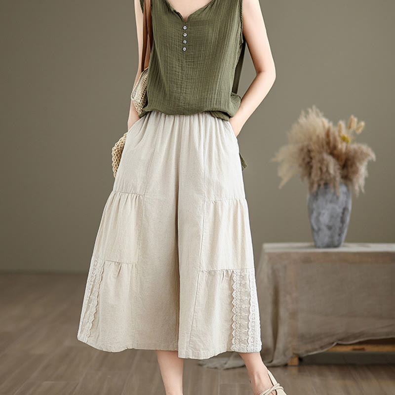 Casual Plain Lace Splicing Cotton Linen Women's Cropped Wide Leg Pants With Pockets