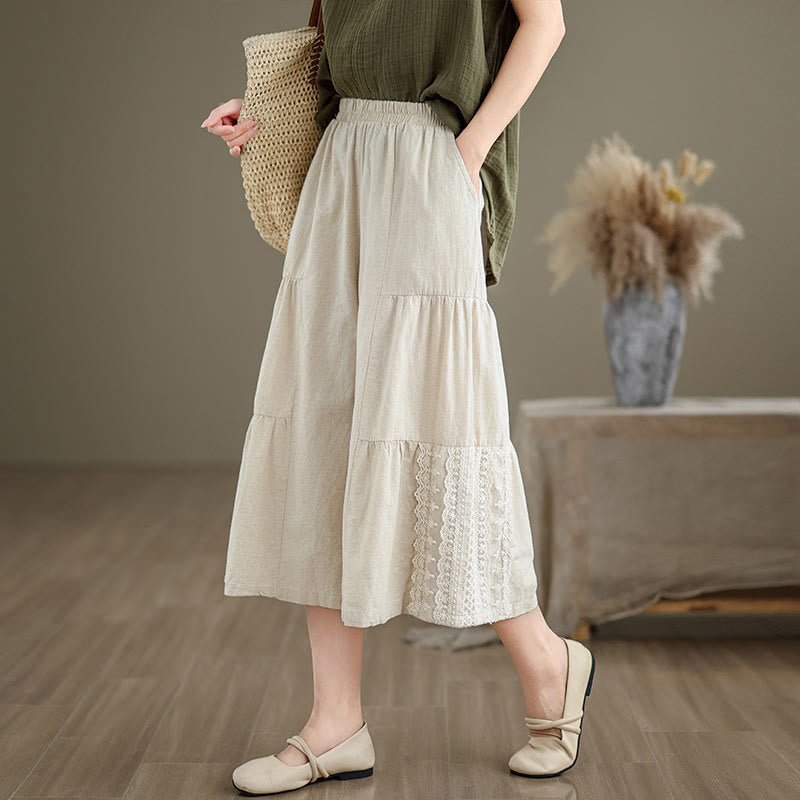 Casual Plain Lace Splicing Cotton Linen Women's Cropped Wide Leg Pants With Pockets