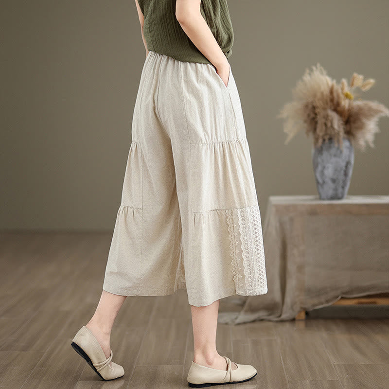 Casual Plain Lace Splicing Cotton Linen Women's Cropped Wide Leg Pants With Pockets