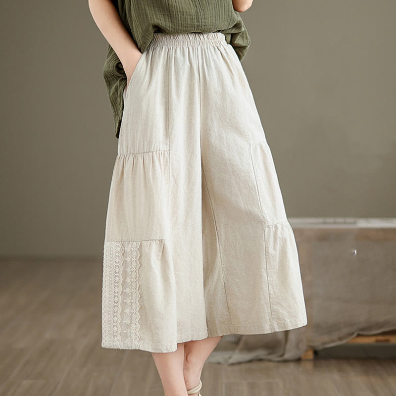 Casual Plain Lace Splicing Cotton Linen Women's Cropped Wide Leg Pants With Pockets