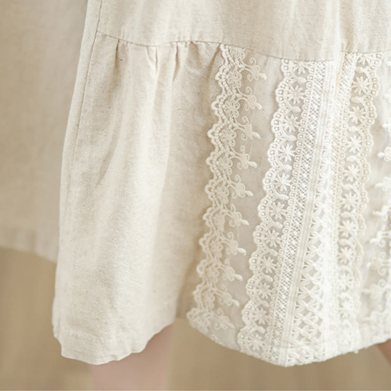 Casual Plain Lace Splicing Cotton Linen Women's Cropped Wide Leg Pants With Pockets
