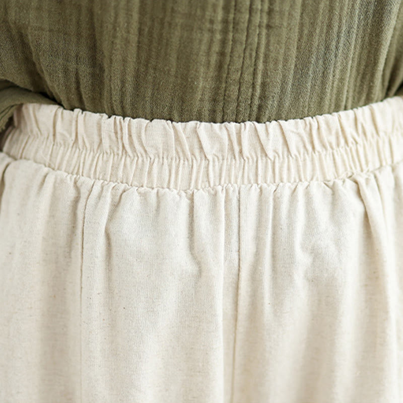 Casual Plain Lace Splicing Cotton Linen Women's Cropped Wide Leg Pants With Pockets