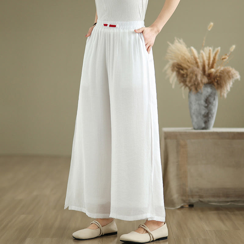 Casual Vintage Side Slit Hem Design Cotton Linen Women's Wide Leg Pants With Pockets