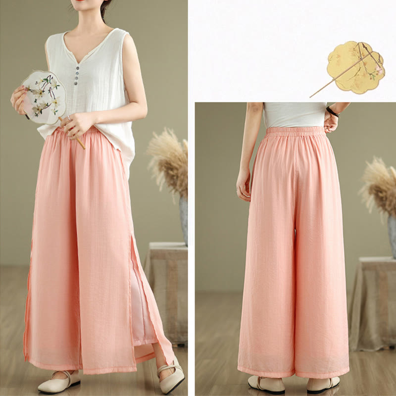 Casual Vintage Side Slit Hem Design Cotton Linen Women's Wide Leg Pants With Pockets