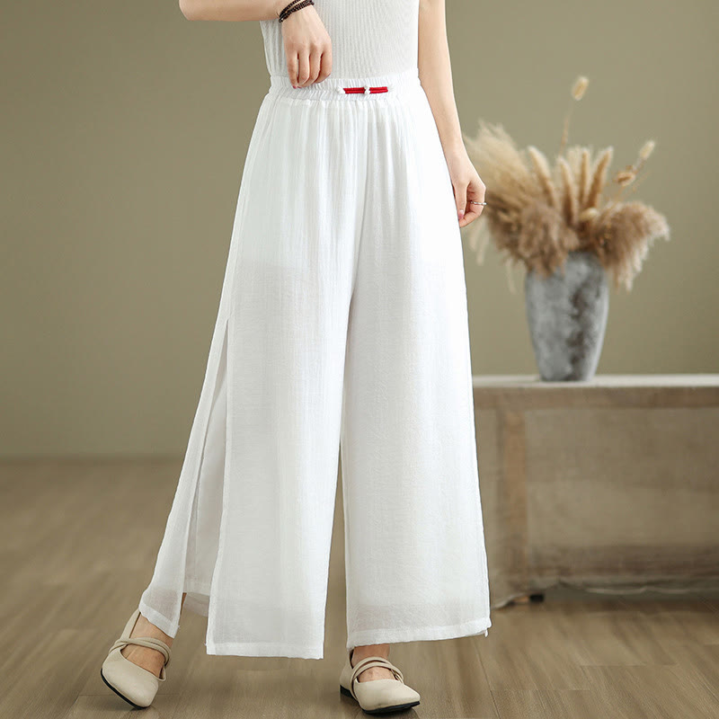 Casual Vintage Side Slit Hem Design Cotton Linen Women's Wide Leg Pants With Pockets