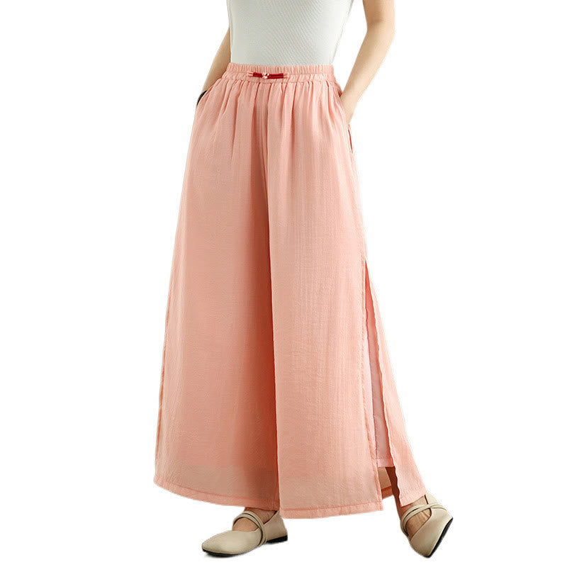 Casual Vintage Side Slit Hem Design Cotton Linen Women's Wide Leg Pants With Pockets