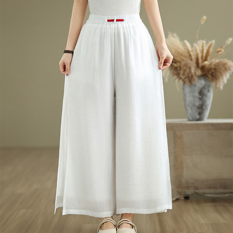 Casual Vintage Side Slit Hem Design Cotton Linen Women's Wide Leg Pants With Pockets