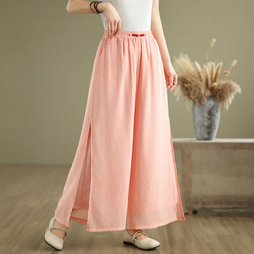 Casual Vintage Side Slit Hem Design Cotton Linen Women's Wide Leg Pants With Pockets