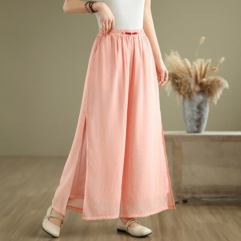 Casual Vintage Side Slit Hem Design Cotton Linen Women's Wide Leg Pants With Pockets