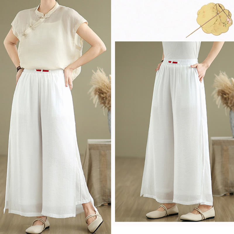 Casual Vintage Side Slit Hem Design Cotton Linen Women's Wide Leg Pants With Pockets