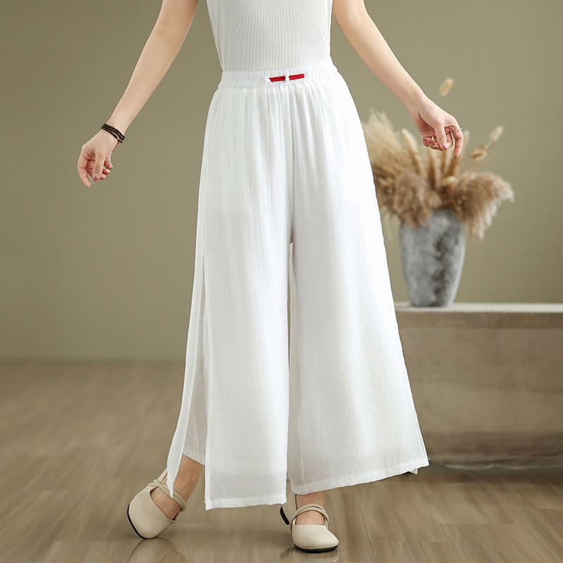 Casual Vintage Side Slit Hem Design Cotton Linen Women's Wide Leg Pants With Pockets